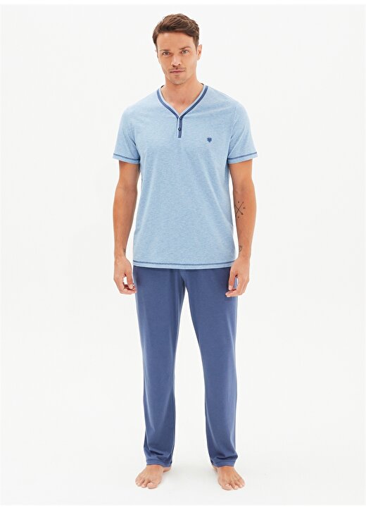 Blackspade Lastikli V Yaka Kısa Kollu Düğmeli Şortlu Mavi Erkek Pijama Takımı 1
