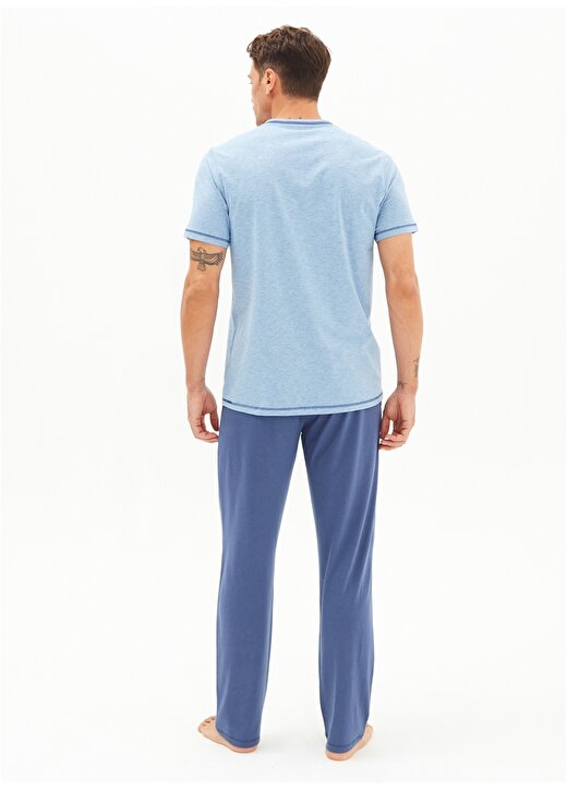 Blackspade Lastikli V Yaka Kısa Kollu Düğmeli Şortlu Mavi Erkek Pijama Takımı 2
