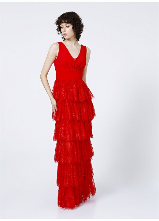 Selen V Yaka Düz Kırmızı Kadın Elbise 1