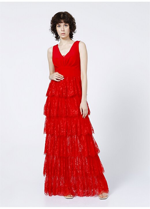 Selen V Yaka Düz Kırmızı Kadın Elbise 2