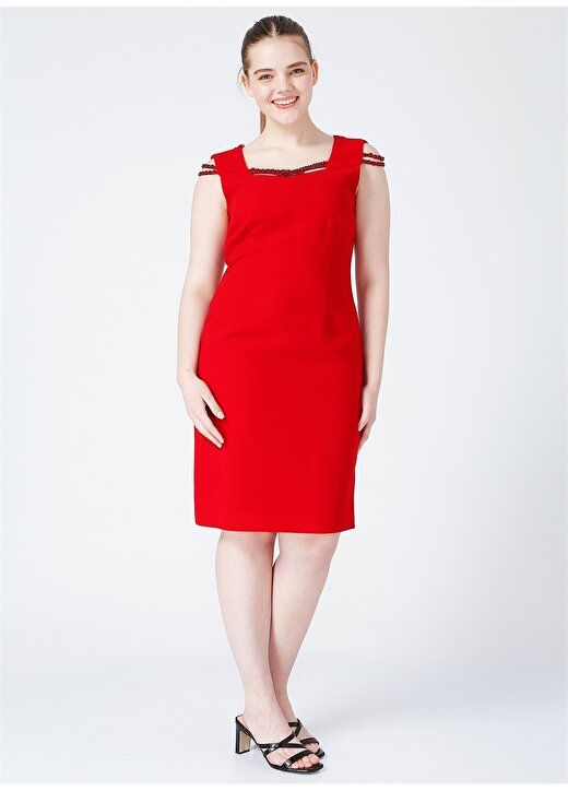 Selen U Yaka Kolsuz Diz Üstü Düz Kırmızı Kadın Elbise 2