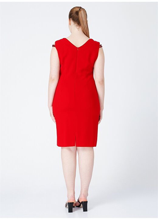 Selen U Yaka Kolsuz Diz Üstü Düz Kırmızı Kadın Elbise 4