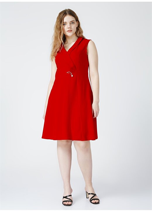 Selen V Yaka Düz Kırmızı Kadın Elbise 2