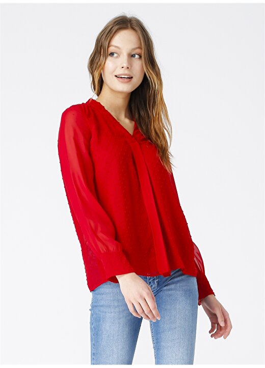Selen Kadın V Yaka Uzun Kollu Kırmızı Bluz 2