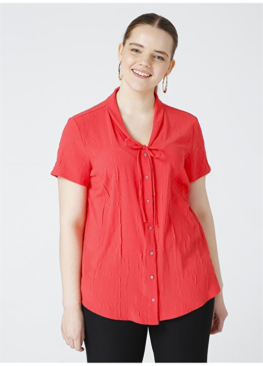 Selen V Yaka Kısa Kollu Crinkle Desen Kırmızı Kadın Bluz 2
