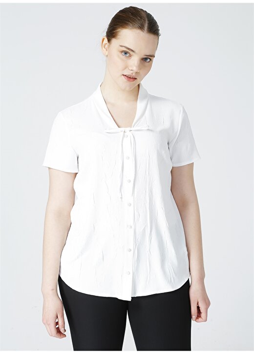 Selen 21YSL8903 V Yaka Kısa Kollu Crinkle Desen Beyaz Kadın Bluz 3