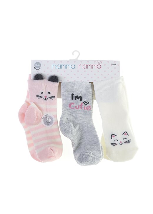 Mammaramma 3''Lü Çok Renkli Kedili Desenli Uzun Kız Bebek Çorap 1