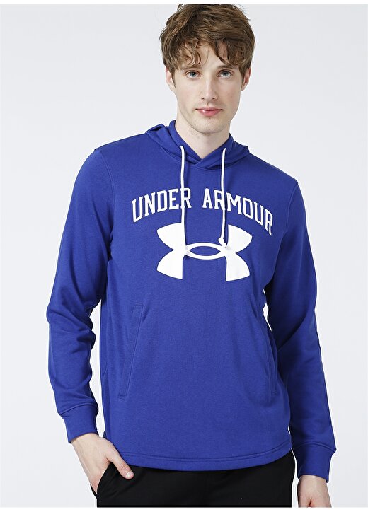 Under Armour 1361559-Ua Rival Terry Big Logo Hd Kapüşonlu Uzun Kollu Loose Fit Düz Mavi - Beyaz Erkek Sweatshirt 1