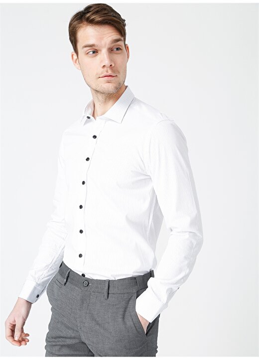 Beymen Business 4B2021200018 Slim Flit Klasik Yaka Çizgili Beyaz Erkek Gömlek 1