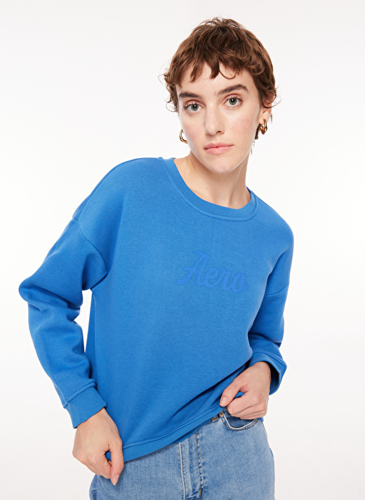 Aeropostale  Bisiklet Yaka Comfort Fit Baskılı Mavi Kadın Şardonlu Sweatshirt MOSKOVA 1