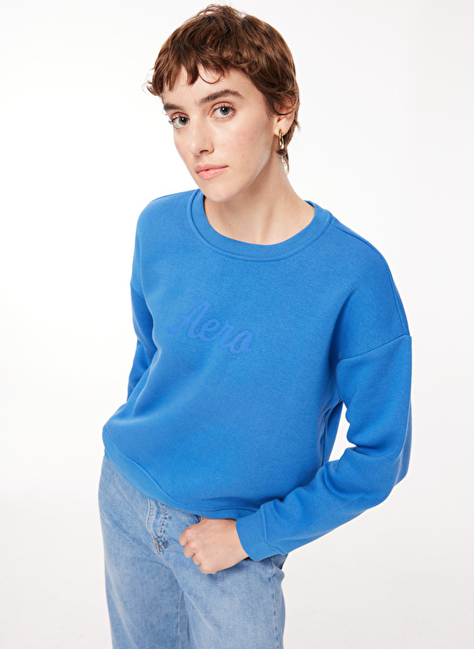 Aeropostale  Bisiklet Yaka Comfort Fit Baskılı Mavi Kadın Şardonlu Sweatshirt MOSKOVA 2