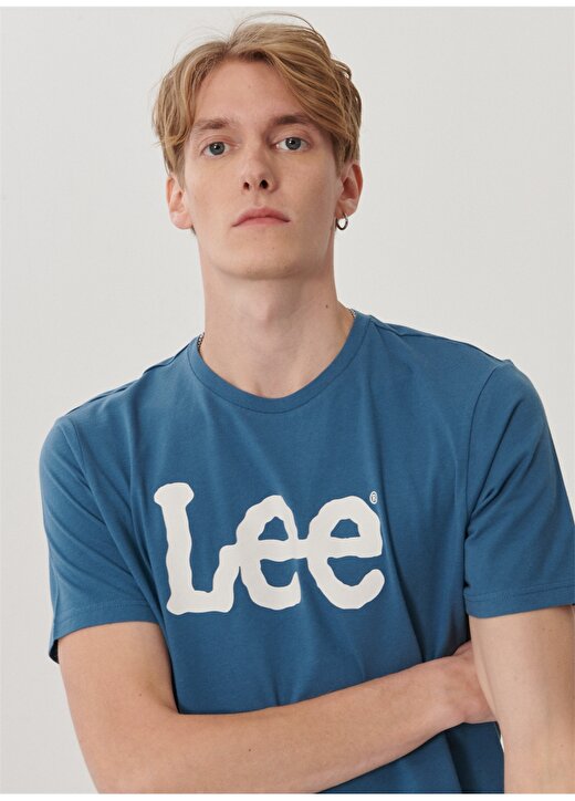 Lee L65QAIQO_Logo Bisiklet Yaka Logo Baskılı Slim Fit Pamuklu Mavi Erkek T-Shirt 4