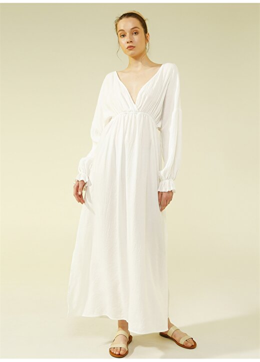 Ezomola V Yaka Düz Beyaz Kadın Elbise 3