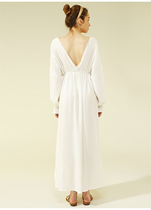 Ezomola V Yaka Düz Beyaz Kadın Elbise 4