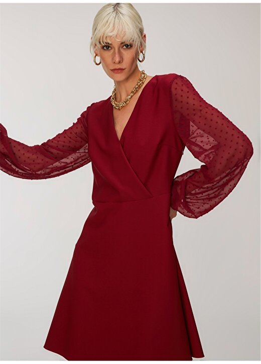 People By Fabrika V Yaka Uzun Kollu Kırmızı Kadın Elbise 3