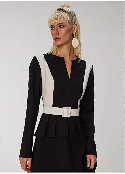 People By Fabrika V Yaka Uzun Kollu Kemerli Siyah / Beyaz Kadın Elbise 4