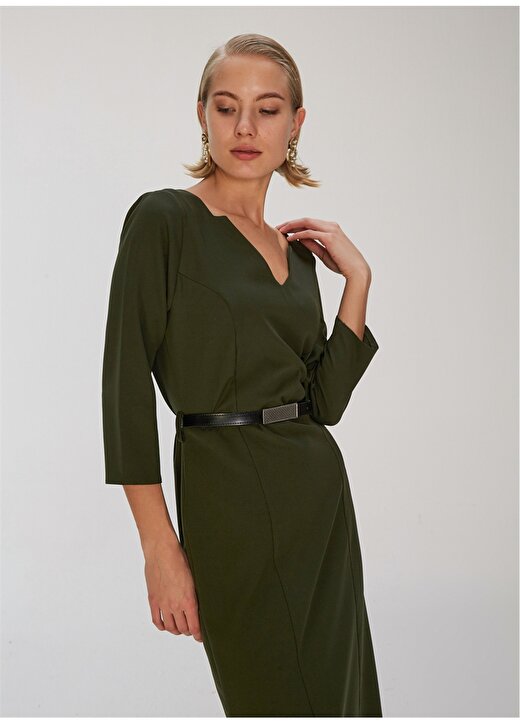 People By Fabrika V Yaka Uzun Kollu Kemerli Yeşil Kadın Elbise 3