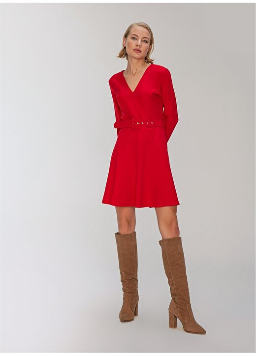 People By Fabrika V Yaka Uzun Kollu Kemerli Kırmızı Kadın Elbise 1