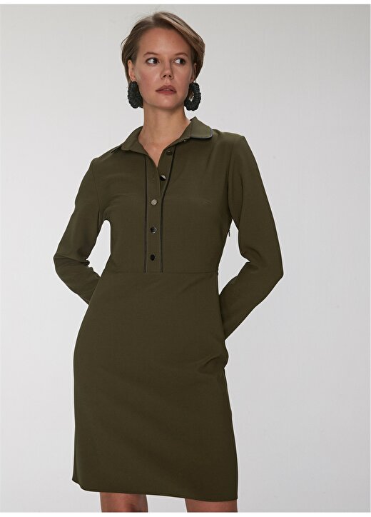 People By Fabrika V Yaka Uzun Kollu Düğme Detaylı Yeşil Kadın Elbise 3