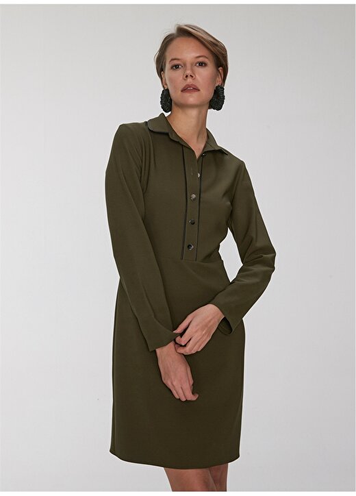 People By Fabrika V Yaka Uzun Kollu Düğme Detaylı Yeşil Kadın Elbise 4