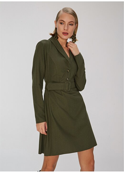 People By Fabrika V Yaka Uzun Kollu Kemerli Yeşil Kadın Elbise 2