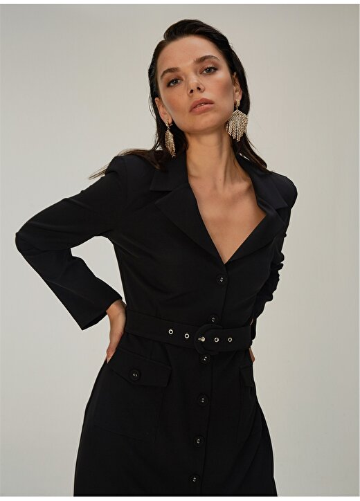 Ng Style Kemerli Düğme Detaylı Gömlek Yaka Siyah Kadın Elbise 1