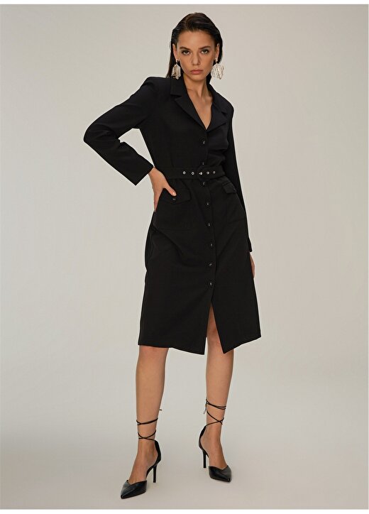 Ng Style Kemerli Düğme Detaylı Gömlek Yaka Siyah Kadın Elbise 2