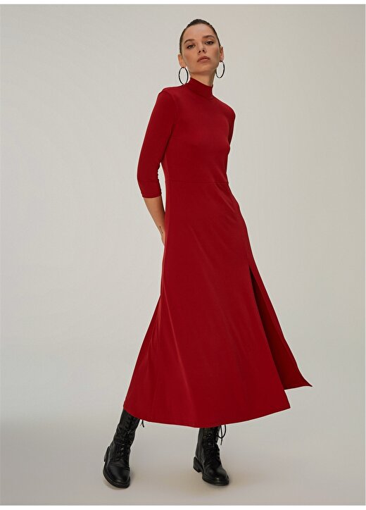 Ng Style Yırtmaçlı Boyunlu Kırmızı Kadın Elbise 2