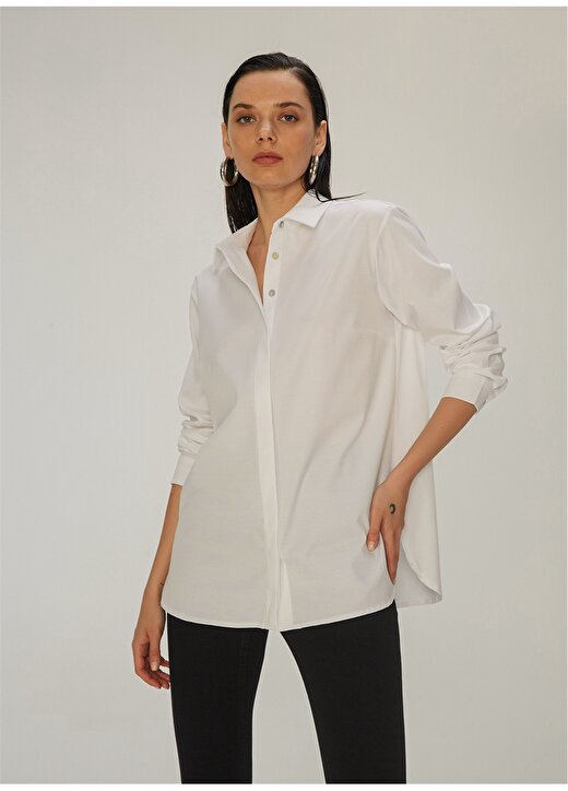 Ng Style Klasik Yaka Uzun Kollu Düğmelibeyaz Kadın Gömlek 2
