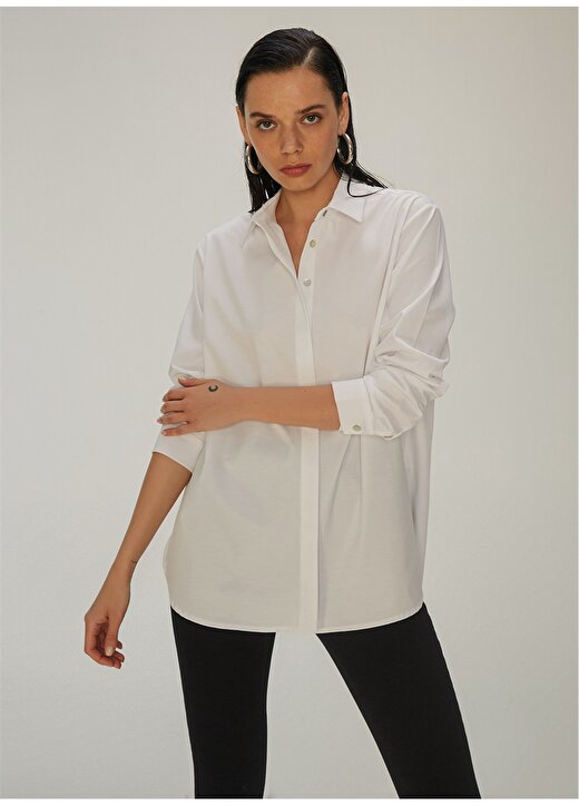 Ng Style Klasik Yaka Uzun Kollu Düğmelibeyaz Kadın Gömlek 3