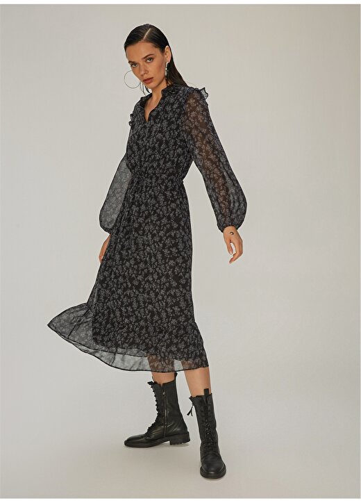 Ng Style Uzun Kollu Fırfır Detaylı Bağcık Detaylı Desenli Midi Siyah Kadın Elbise 2