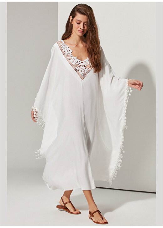 White By Nature Geniş Yaka Beyaz Kadın Plaj Elbisesi 1