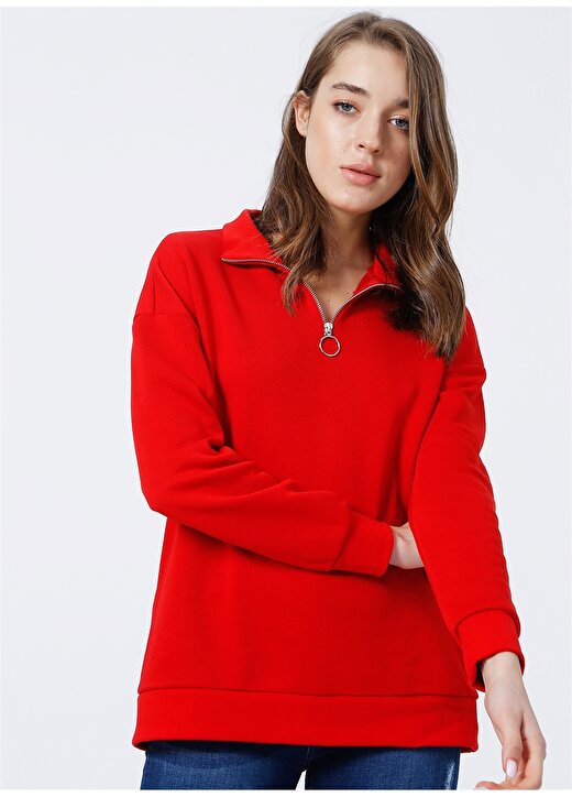 Limon Yoryo Fermuarlı Kırmızı Kadın Sweatshirt 1