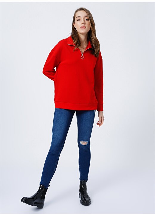 Limon Yoryo Fermuarlı Kırmızı Kadın Sweatshirt 2
