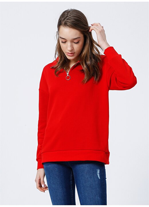 Limon Yoryo Fermuarlı Kırmızı Kadın Sweatshirt 3