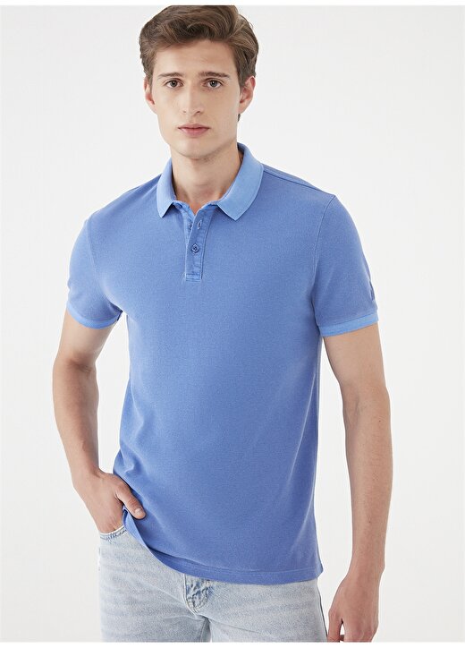 Mavi Polo Yaka Rahat Düz Mavi Erkek Polo T-Shirt 1