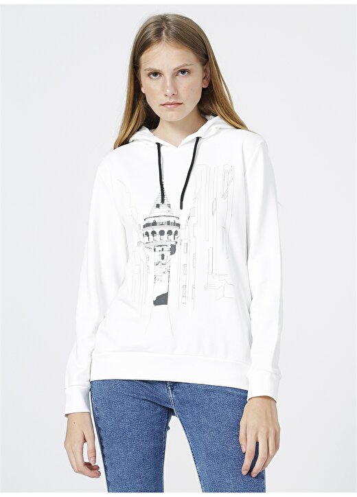 İst X Boyner Kapüşonlu Yaka Uzun Kollu Resim Desenli Beyaz Kadın Sweatshirt 2