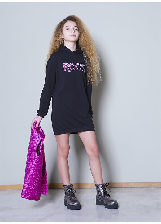 Funky Rocks RFG-28 Siyah Kapüşonlu Kız Çocuk Baskılı Elbise 2
