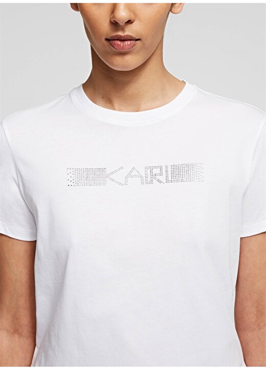 Karl Lagerfeld Taş Logolu Bisiklet Yaka Kısa Kollu Beyaz Kadın T-Shirt 4