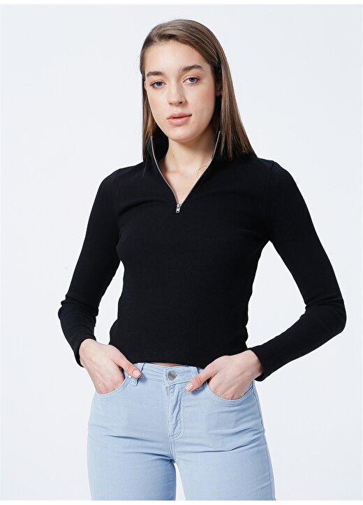 Mavi 1610000-900 Fermuarlı Uzun Kollu Normal Kalıp Siyah Kadın T-Shirt 1