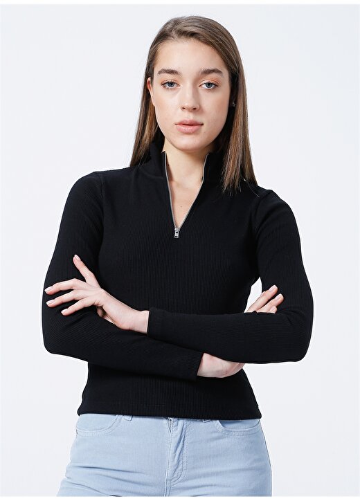 Mavi 1610000-900 Fermuarlı Uzun Kollu Normal Kalıp Siyah Kadın T-Shirt 3