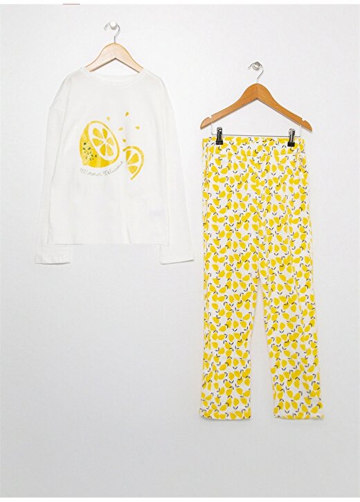 Limon Ekru Bisiklet Yaka Kız Çocuk Desenli Pijama Takımı 1
