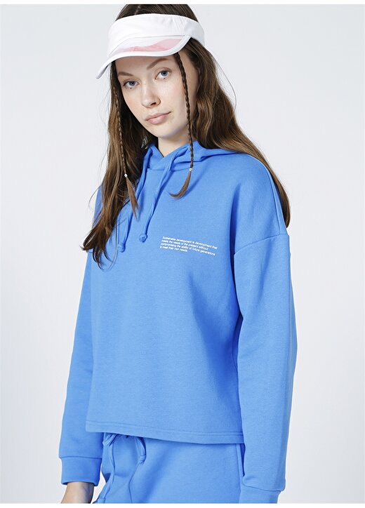 Only Kapüşonlu Cropped Fit Düz Mavi Kadın Sweatshirt 1