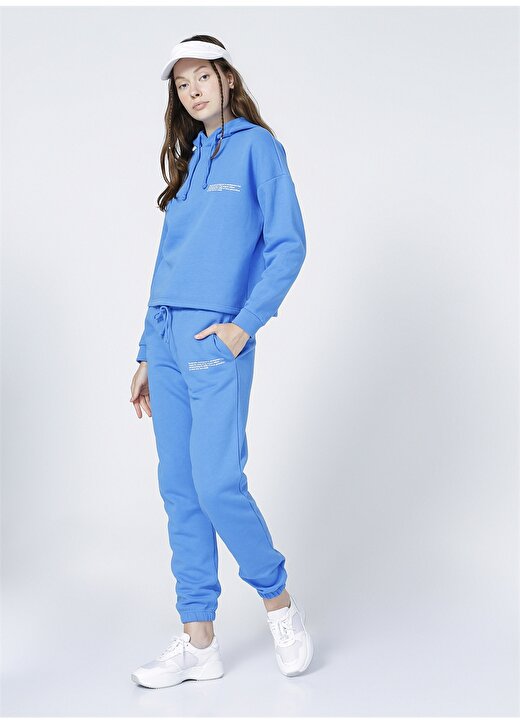 Only Kapüşonlu Cropped Fit Düz Mavi Kadın Sweatshirt 2