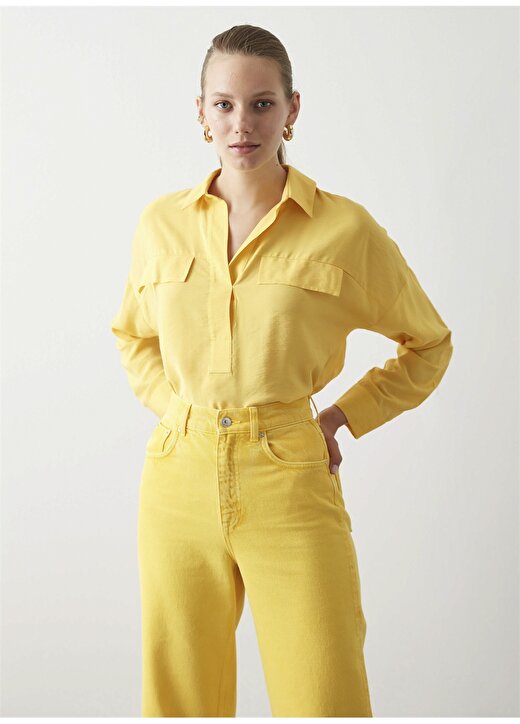 İpekyol Gömlek Yaka Uzun Kollu Cepli Sarı Kadın Bluz 3