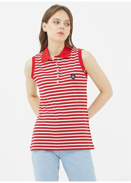 Sementa Polo Yaka Çizgili Kırmızı Kadın T-Shirt 21Y2231-75633.0001 3