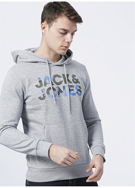 Jack & Jones 12189147_Jjsoldier Logo Sweat Hood Kapüşonlu Uzun Kollu Regular Fit Baskılı Açık Gri Erkek Sweatshirt 1
