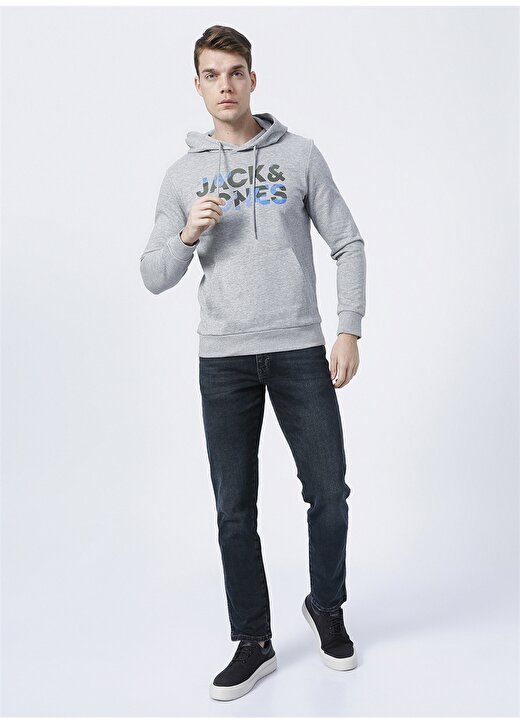 Jack & Jones 12189147_Jjsoldier Logo Sweat Hood Kapüşonlu Uzun Kollu Regular Fit Baskılı Açık Gri Erkek Sweatshirt 2