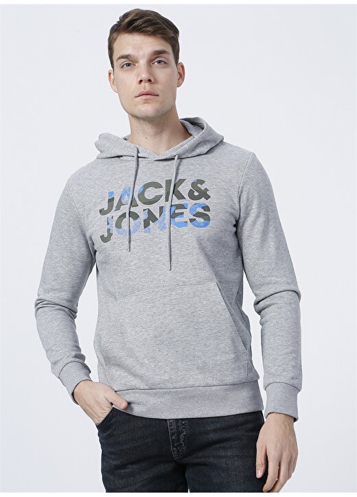 Jack & Jones 12189147_Jjsoldier Logo Sweat Hood Kapüşonlu Uzun Kollu Regular Fit Baskılı Açık Gri Erkek Sweatshirt 3