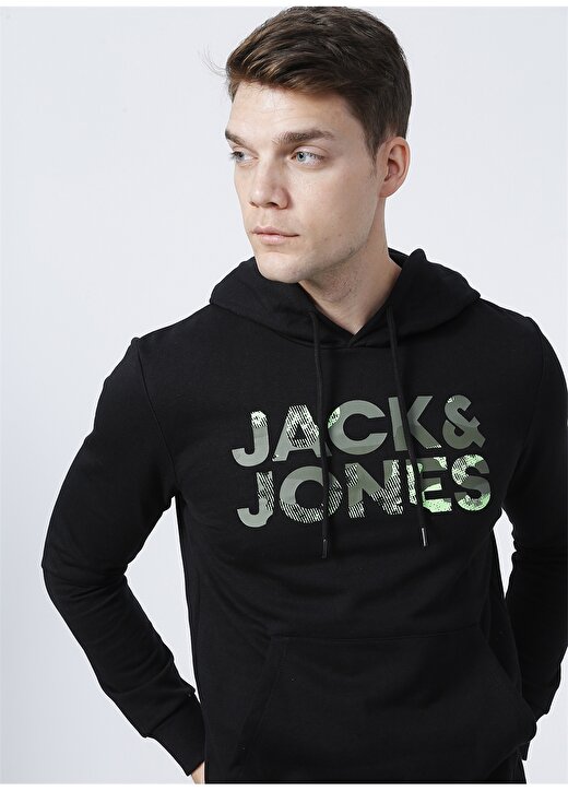 Jack & Jones 12189147_Jjsoldier Logo Sweat Hood Kapüşonlu Uzun Kollu Regular Fit Baskılı Siyah Erkek Sweatshirt 1